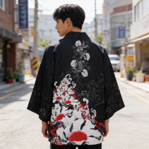 Kimono Streetwear Red Flowers - K-Pop France