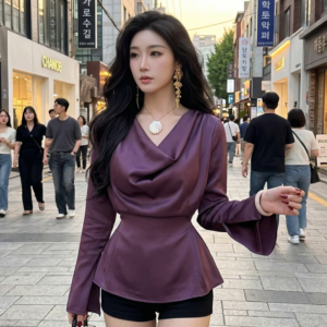 Blouse Satin Col Drapé - K-Pop France