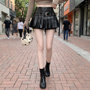 Jupe Plissée en Cuir Noir - K-Pop France