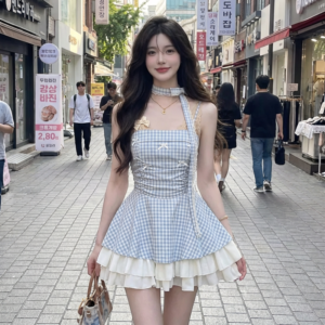 Robe Courte Vichy Bleue - K-Pop France